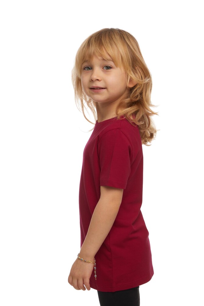 Bordo Basic Unisex Çocuk Sıfır Yaka Kısa Kollu Tişört - 2