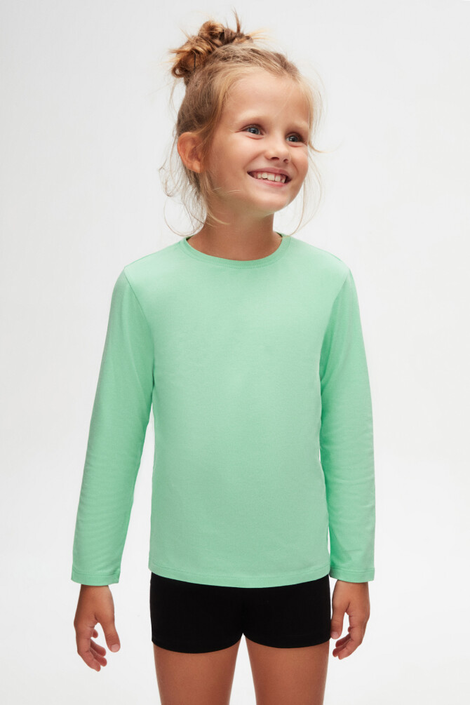 Pastel Yeşil Basic Unisex Çocuk Mevsimlik Sıfır Yaka Uzun Kollu Tişört - 2